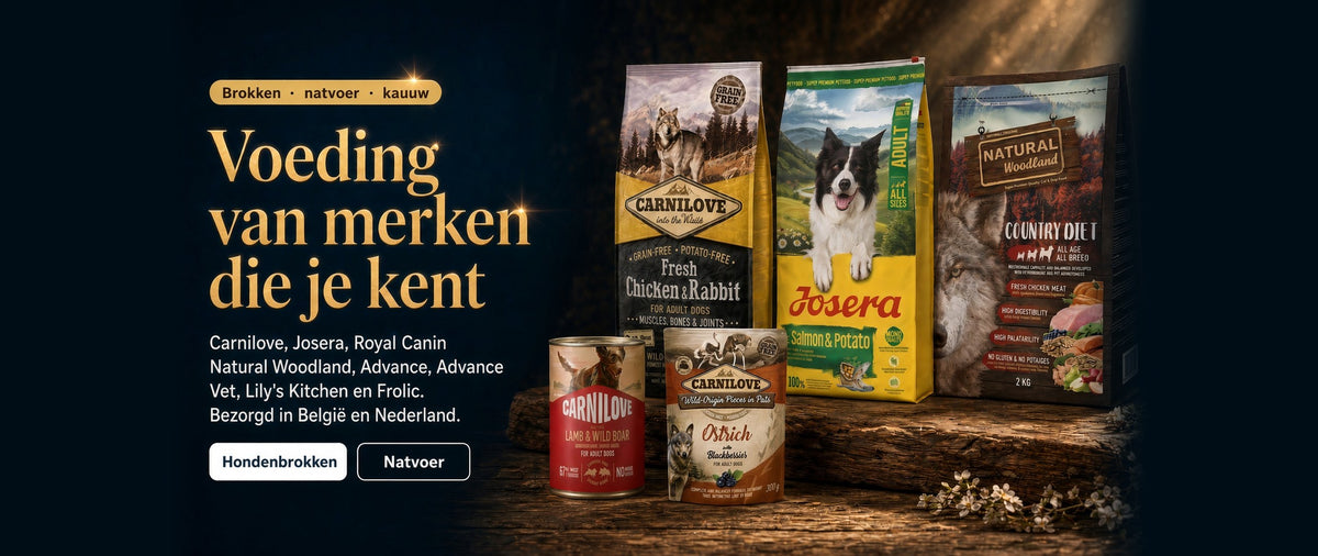 Voeding van merken die je kent: Carnilove, Josera, Royal Canin, Natural Woodland en meer