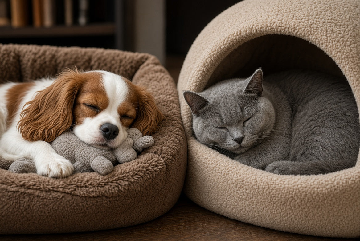 Hondje en kat slapen elk in een zachte mand