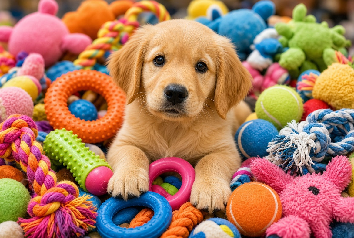 Puppy tussen kleurrijk honden- en kattenspeelgoed
